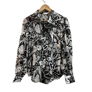 Gorman Black White Button Up Sheer Blouse Textured Collared Floral Womens 10